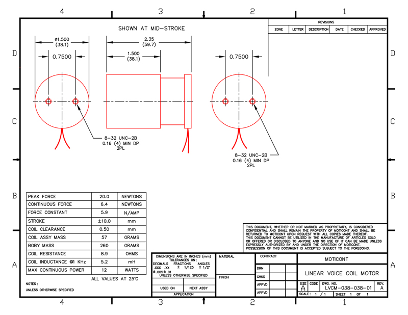 Specifications for Linear DC Motor, MOLDC03803801